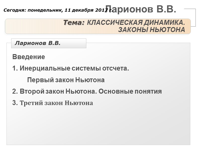 Ларионов В.В. Тема: КЛАССИЧЕСКАЯ ДИНАМИКА. ЗАКОНЫ НЬЮТОНА Введение  1. Инерциальные системы отсчета. 